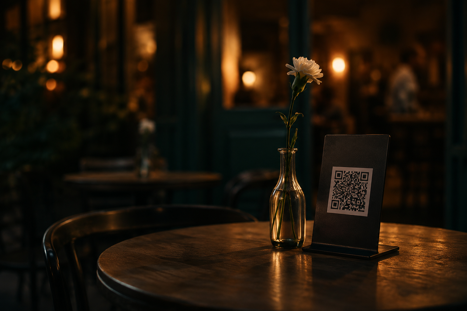 Снимка на маса с QR стойка и ваза с цвете