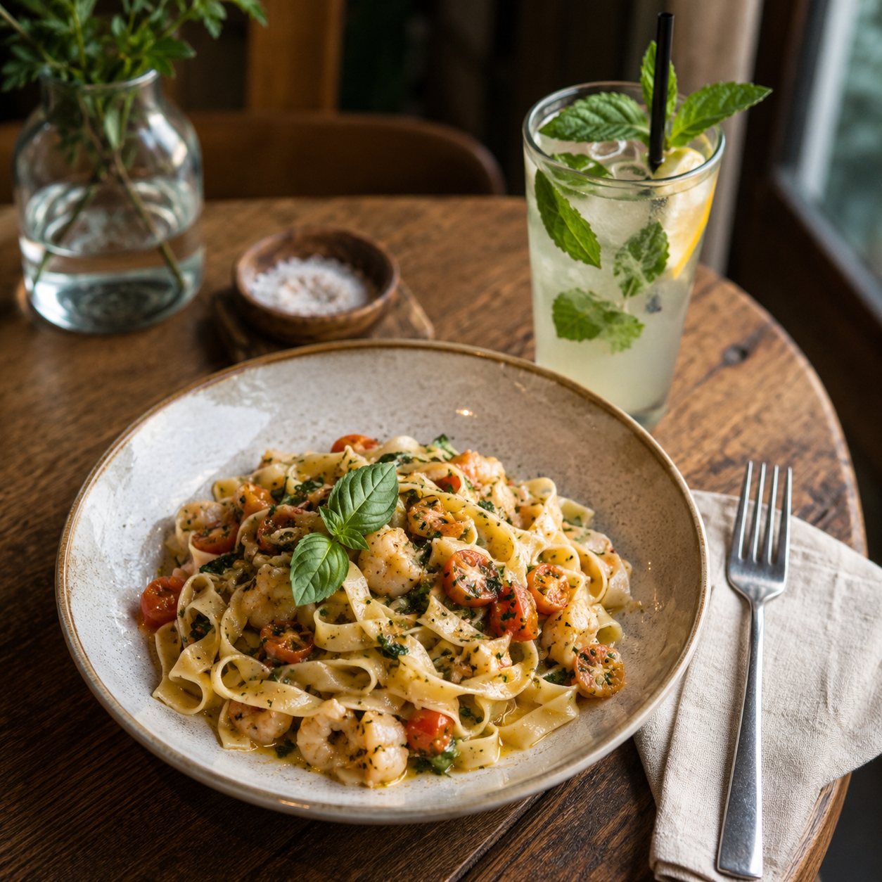 Pasta and mint lemonade